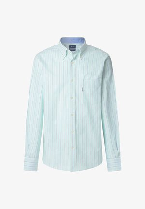 Jasnoniebieska, w paski koszula zapinana na guziki z długim rękawem, z małą kieszonką, kontrastowym kołnierzykiem oraz subtelnymi czerwonymi i zielonymi paskami.
