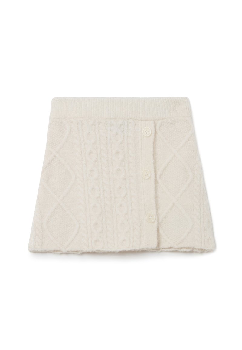 Jupe en maille torsadée crème avec taille côtelée, dotée d'une fermeture à boutons et de motifs en diamants texturés. Matière douce et chaude en mélange de laine.