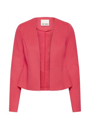 Coral pink blazer with a structured, open front design and long sleeves. Made from textured fabric, suitable for layering. Brand label: ICHI.
