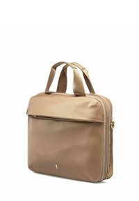 Brązowa torba na laptopa z nylonu z podwójnymi uchwytami u góry, zamknięciem na zamek błyskawiczny i przednią kieszenią. Gładka faktura i złote akcenty.