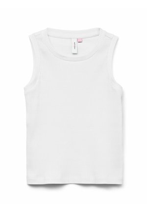 Hvid ærmeløs top med ribbet tekstur, rund halsudskæring og lige kant. Lille mærke synligt nær halsen med en lyserød detalje.
