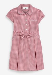 Ruudullinen mekko punaisena ja valkoisena, jossa on lyhyet hihat, kaulus, etunapit, vyötäröllä nauha ja kaksi sivutaskua.