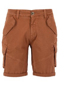 Short cargo marron avec revers roulés, fermeture par bouton et zip, passants de ceinture et plusieurs poches à rabat devant et sur les côtés.