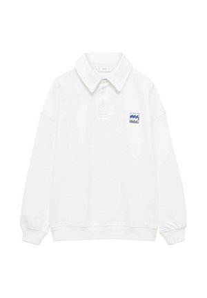 White long-sleeve polo shirt with a classic collar, featuring a small blue wave graphic on the left chest and ribbed cuffs.