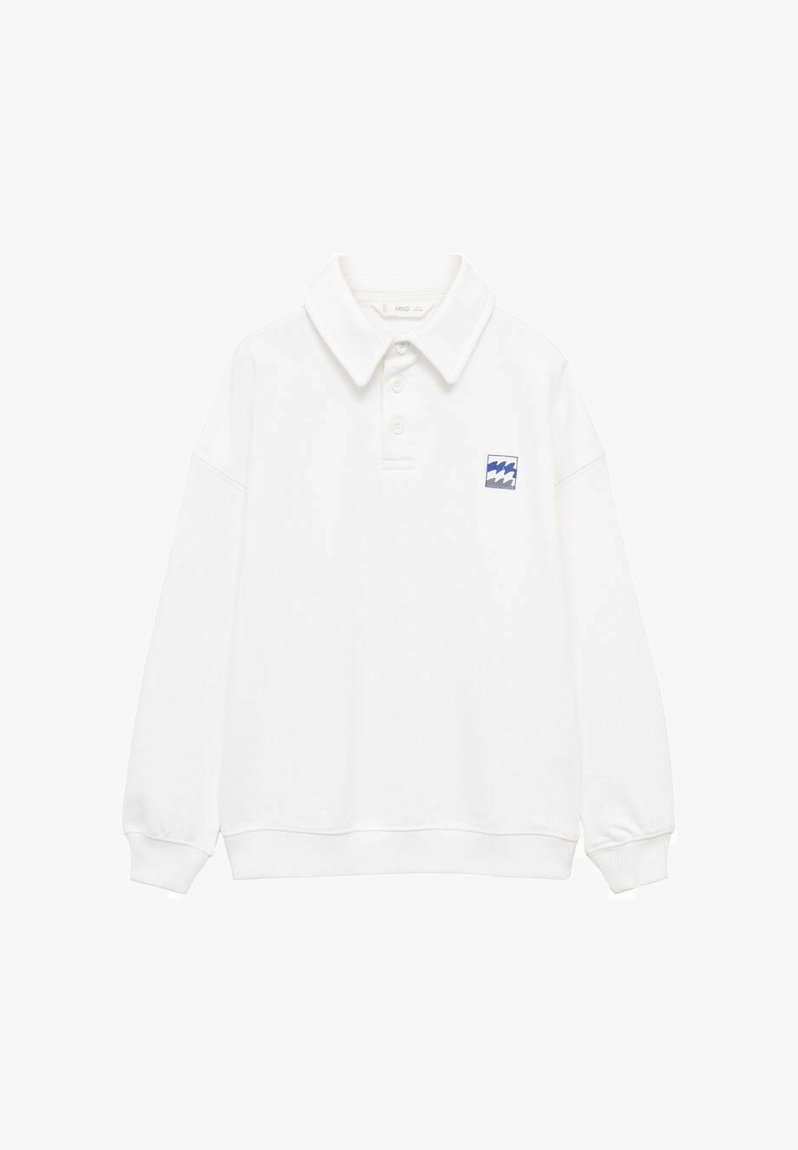 Bjela dugih rukava polo majica s klasičnim ovratnikom, koja sadrži mali plavi valni grafić na lijevoj strani grudnog koša i rebraste manžete.