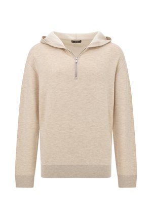 Sudadera con capucha beige con media cremallera en la parte delantera, puños y dobladillo acanalados, con una tela suave y texturizada. Diseño ligero y casual.