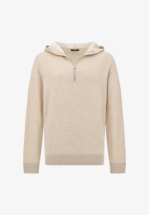Sudadera con capucha beige con media cremallera en la parte delantera, puños y dobladillo acanalados, con una tela suave y texturizada. Diseño ligero y casual.