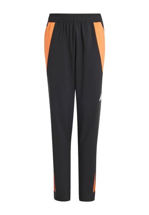 Schwarze Sporthosen mit seitlichen orangen Akzenten, elastischem Bund und schmal zulaufenden Beinen; aus leichtem, atmungsaktivem Material gefertigt.