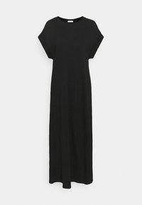 Černé, ke kolenům sahající šaty vyrobené z měkkého materiálu; mají krátké rukávy, kulatý výstřih a volný střih s bočními kapsami.