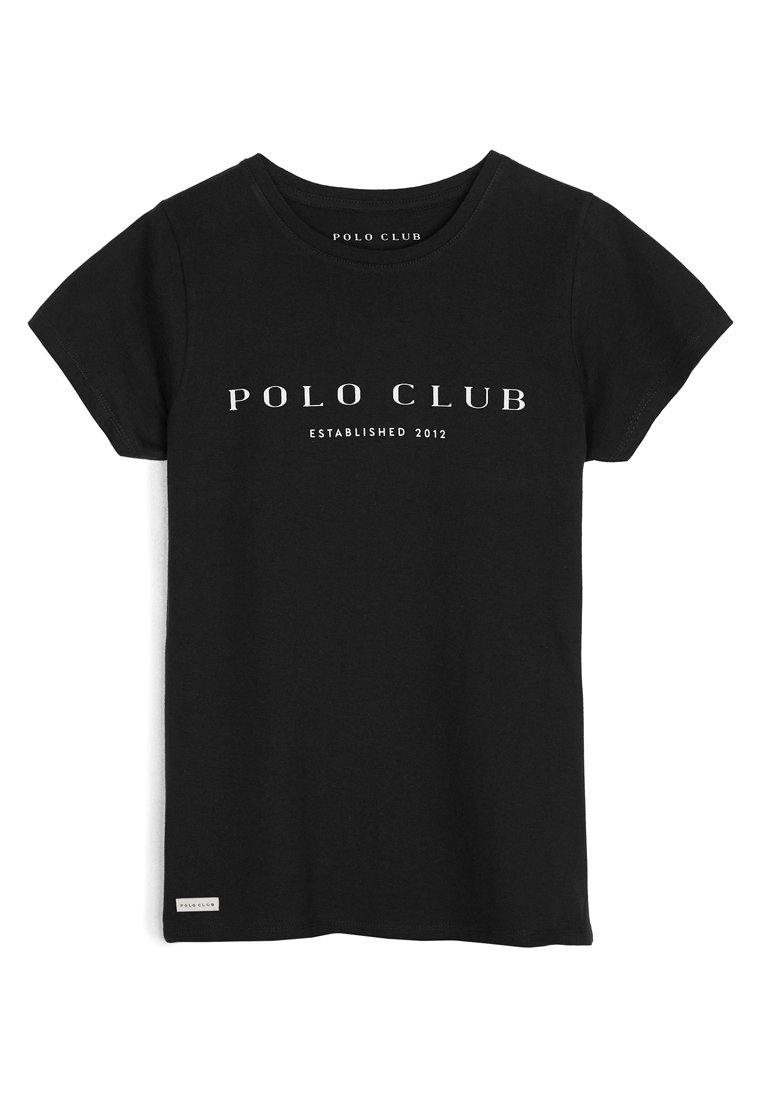 Černé bavlněné tričko s krátkými rukávy a kulatým výstřihem, s bílým tiskem s textem "POLO CLUB" a "ESTABLISHED 2012".