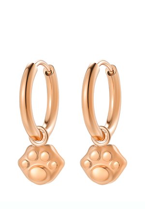 Gold hoop earrings with small hanging paw print charms, smooth and polished finish, shown on a white background.