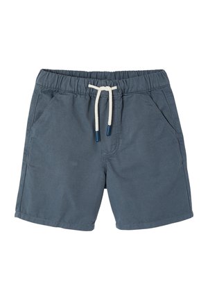 Blaue Baumwollshorts mit elastischem Bund und weißem Kordelzug, ausgestattet mit Vordertaschen und einem lockeren Schnitt.