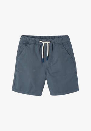 Blue cotton shorts with elastic waistband and white drawstring, featuring front pockets and a relaxed fit.