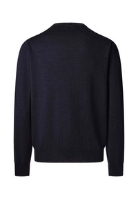 Maglione blu navy, maniche lunghe, scollatura rotonda, texture morbida, polsini e orlo a coste, colore solido senza motivi o dettagli significativi.
