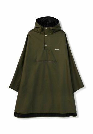 Khaki green poncho with a hood, featuring a half-button placket, black accents at the hem, and a zippered pocket on the front.
