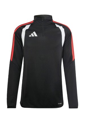 Czarna, długosleeve'owa koszulka sportowa z pół-zamkiem, z czerwonymi i białymi paskami na ramionach, z logo Adidasa na lewej piersi.