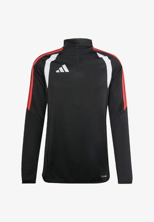 Schwarzes langärmliges Sportoberteil mit halbem Reißverschluss, roten und weißen Streifen an den Schultern, mit dem Adidas-Logo auf der linken Brustseite.