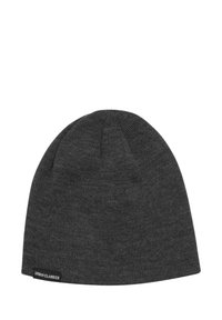 Knitted gray beanie hat with a seamless design and a subtle texture. Features a small logo patch at the bottom edge.