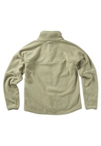 Fleece-Pullover, hellgrün, hoher Kragen, lange Ärmel, strukturierter Stoff, Rückansicht, minimale Markenkennzeichnung am Hals, abgerundeter Saum.