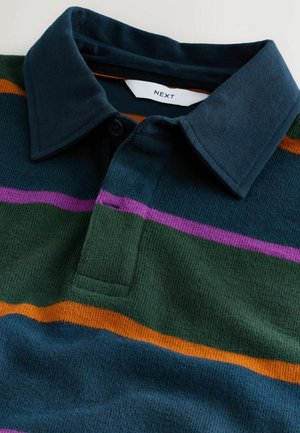 Gestreiftes Poloshirt in Dunkelblau, Grün, Orange und Lila. Mit Kragen, Knopfleiste und strukturiertem Stoff.