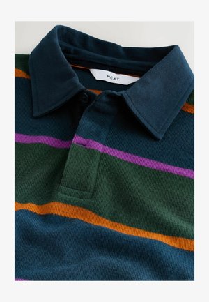 Gestreiftes Poloshirt in Dunkelblau, Grün, Orange und Lila. Mit Kragen, Knopfleiste und strukturiertem Stoff.