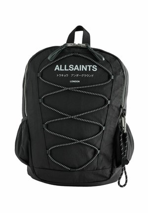 Black AllSaints backpack with front elastic cord, side pockets, and silver zippers, featuring English and Japanese brand text.