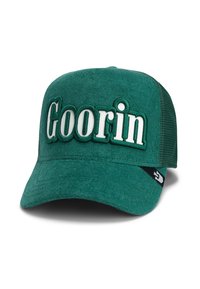 Green baseball cap with white embroidered "Goorin" on the front. Soft fabric front, mesh back, curved brim, and side logo accent.