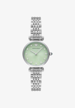 Sølvfarvet metalarmbåndsur med lysegrøn urskive, krystaltimemarkører og Emporio Armani-logo ved kl. 12.