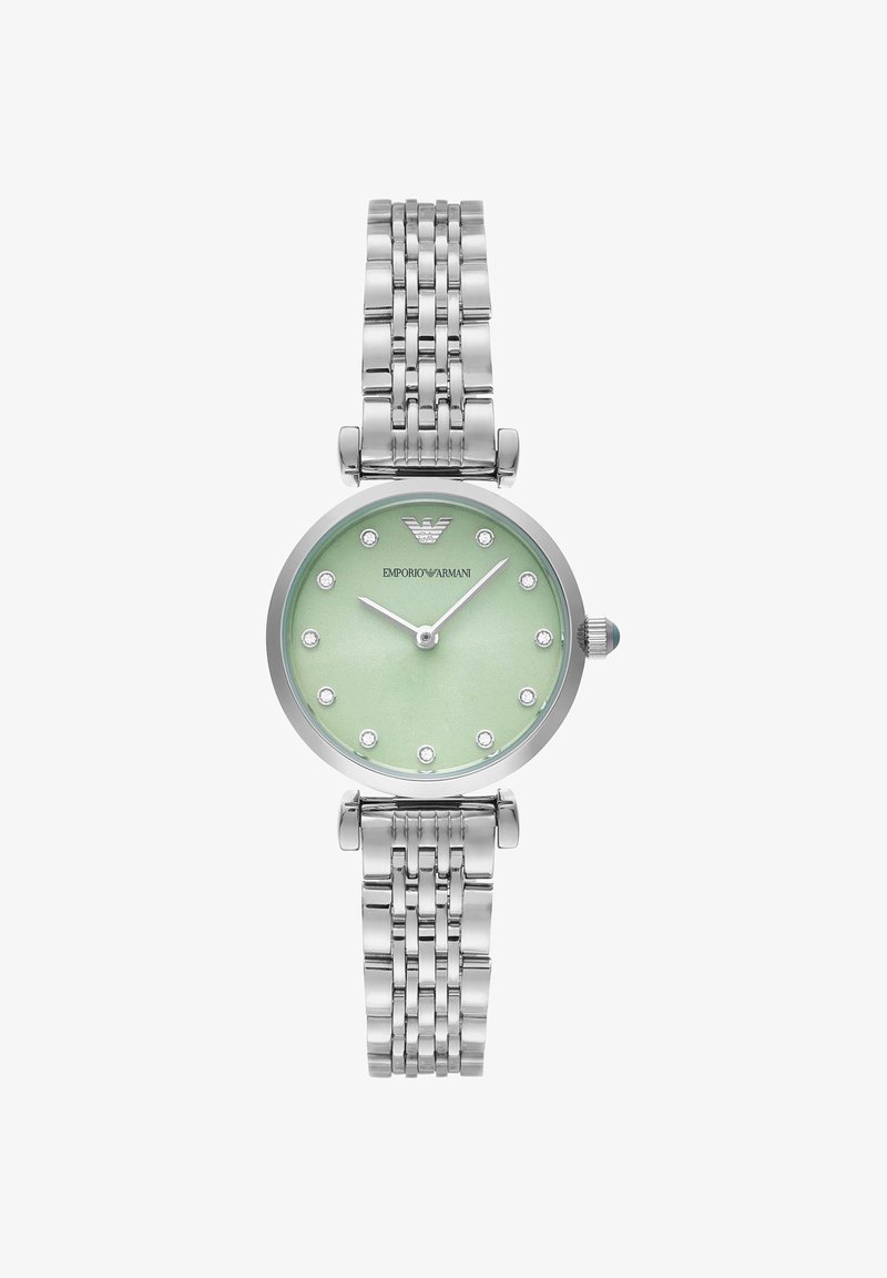 Orologio con cinturino in metallo argento, quadrante verde chiaro, indici in cristallo e logo Emporio Armani a ore 12.