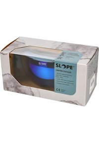 Bruna sfäriska goggles med blåtonade linser, utrustade med UVA-400 solskydd, dubbla linser, imfria beläggningar och trelagers ansiktsskum.