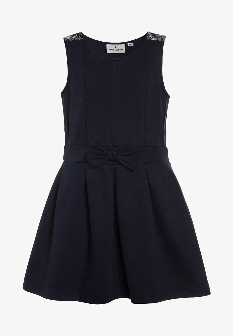 Robe bleu marine sans manches avec ceinture nœud à la taille et détails texturés aux épaules, jupe évasée, encolure ronde.