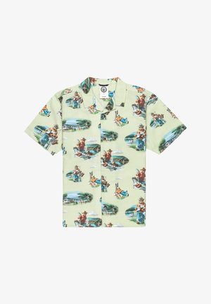 Short-sleeve shirt in light green cotton with a repeated print of bears in outdoor scenes, featuring a turn-down collar and relaxed fit.