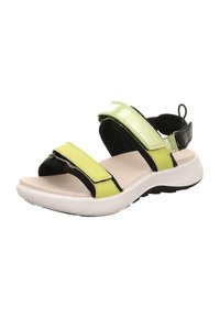 Zielone i czarne sandały z regulowanymi paskami, miękką wkładką i białą gumową podeszwą; wyposażone w pętlę z tyłu ułatwiającą zakładanie.