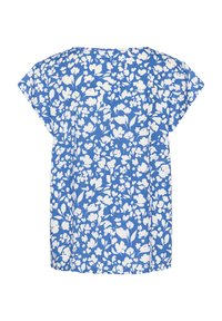 Top corto a maniche corte blu a fantasia floreale con una vestibilità ampia. Presenta motivi floreali bianchi, tessuto morbido e scollatura rotonda senza bottoni o dettagli.