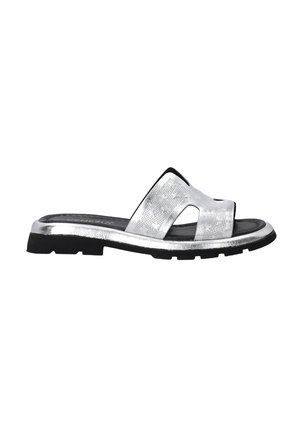 Silver slide sandal with two wide straps, textured upper, black inner lining, and a textured rubber sole for grip.