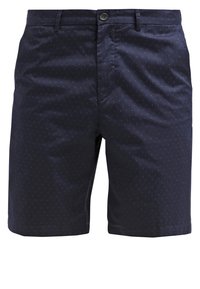 Shorts pour hommes bleu marine avec un petit motif à pois, fermeture avant par bouton, passants pour ceinture et poches latérales.