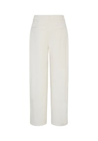 Pantalon large blanc en velours côtelé avec ceinture élastiquée au dos et deux poches passepoilées arrière, présenté sur fond blanc.