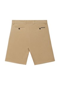 Beige bomullsbyxor med rak passform, med två bakfickor med knappstängning och en etikett på midjebandet.