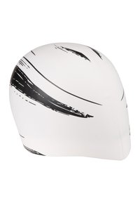 White swim cap with abstract black brushstroke designs, smooth texture, and rounded shape.