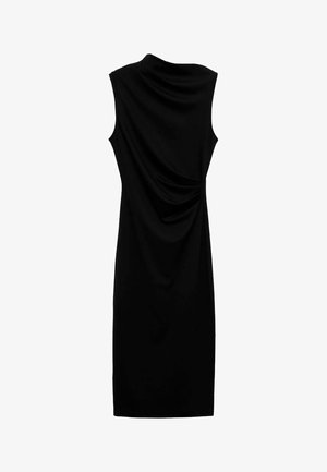 Črna sansrokavnica z drapirano ovratnikom in nabranjem na hrbtu, izdelana iz gladke tkanine z oprijetim krojem.