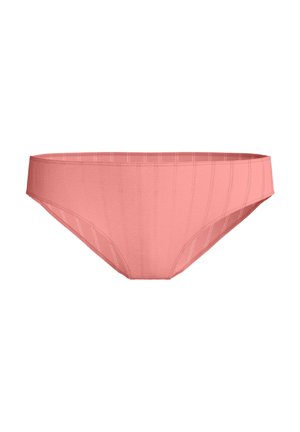 Biancheria intima femminile stile bikini rosa con sottili dettagli di cucitura verticale su sfondo bianco.