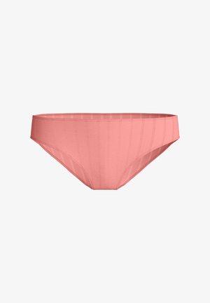 Biancheria intima femminile stile bikini rosa con sottili dettagli di cucitura verticale su sfondo bianco.