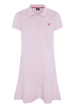 Light pink polo dress with short sleeves, a collar, three-button placket, and a ruffled hem. Features a small logo on the chest.