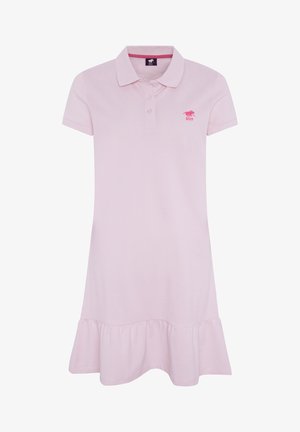 Light pink polo dress with short sleeves, a collar, three-button placket, and a ruffled hem. Features a small logo on the chest.