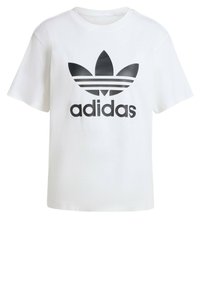 Camiseta blanca de algodón con un logo negro de Adidas y el icónico diseño de tres rayas, con un corte relajado y mangas cortas.