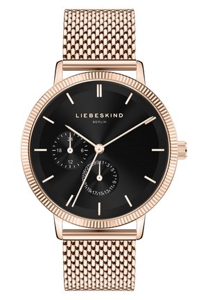 Zwart wijzerplaat dameshorloge met roségouden metalen mesh band, gouden uurmarkeringen, merk "Liebeskind Berlin" en twee kleine subwijzers voor 24-uurs- en datumfuncties.