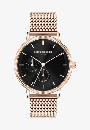 Montre-bracelet à bracelet en maille or rose avec cadran noir, index dorés, marque "Liebeskind Berlin" et deux petits sous-cadrans pour les fonctions 24 heures et date.
