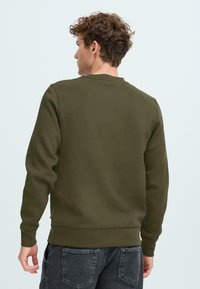 Zelená mikina s kulatým výstřihem, dlouhými rukávy a vroubkovanými manžetami. Design se vyznačuje jednobarevným vzorem a štítkem na lemu.