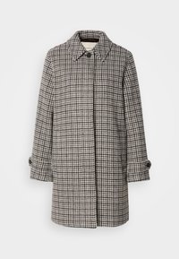Villakangastakki mustavalkoisessa houndstooth-kuosisessa, jossa on kaulus, etunappikiinnitys ja käännetyt hihat nappidetaililla.