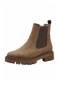 Stivaletti Chelsea marroni con pannelli laterali elasticizzati, materiale testurizzato, suola robusta e un tassello sul retro per una facile calzata.